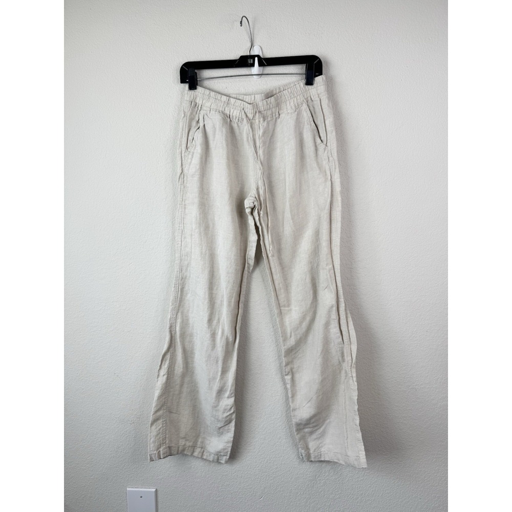Allen Allen 100% Linen Pants Sz M Beige Elastic Waist Wide Leg Coastal Lagenlook